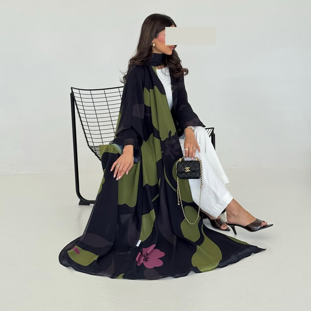 Chiffon Printed Maxi Dress with Headscarf Two-Piece Set