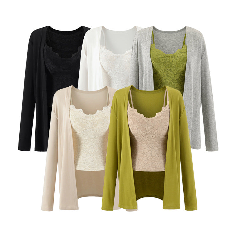 Cardigan Crop Top with Lace V-Neck, Padded Bust Vest Set for Women