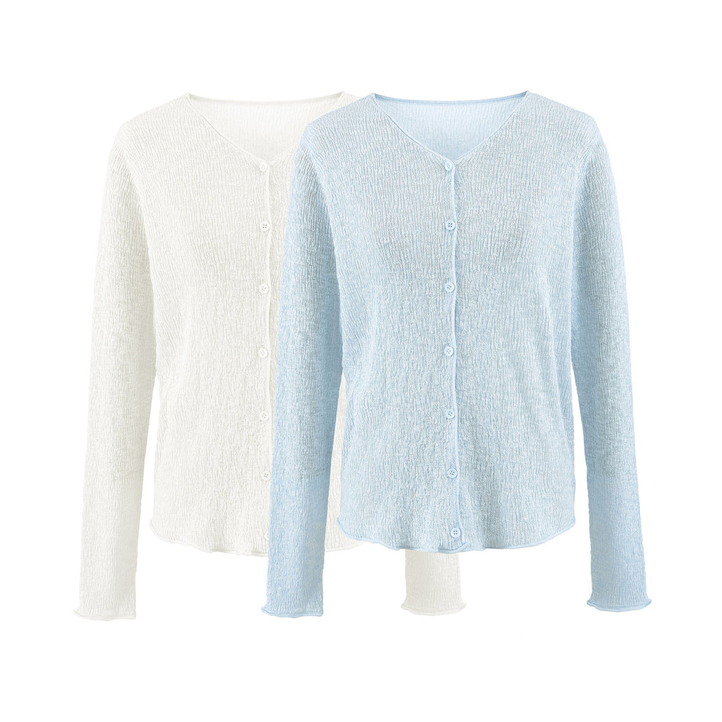 Cotton Linen Bamboo Fiber Breathable Sun Protection Knit Cardigan Women V-Neck Semi-Sheer Air Conditioning Top