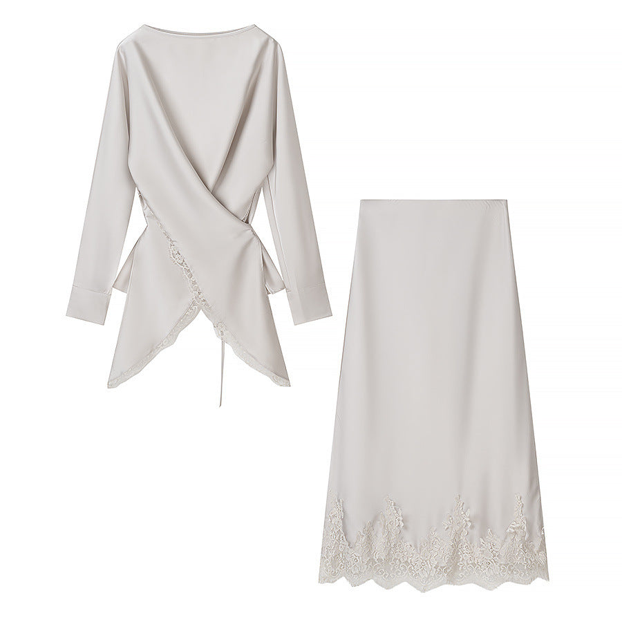Irregular long sleeved top+long skirt set