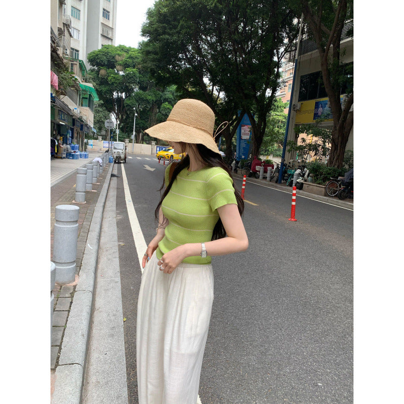 Green Stripe Regular Sleeve Fitted Wool Knit