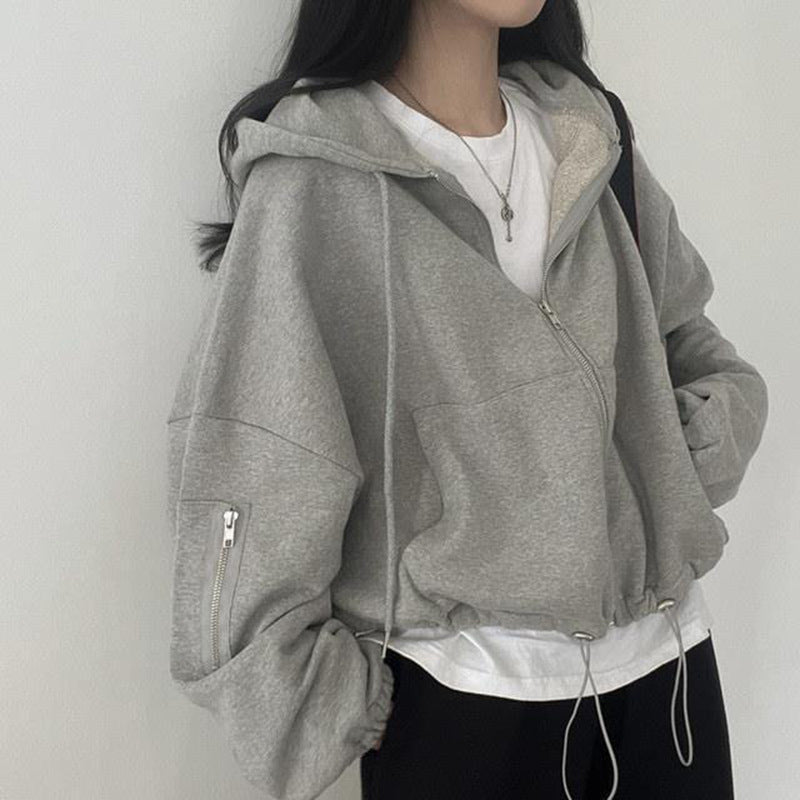 Women's Large Pocket Zipper Design Loose Drawstring Hoodie Coat - image 7