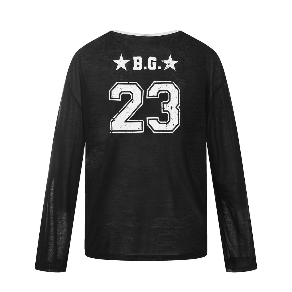 Color-Blocking V-Neck Digital Print Loose T-Shirt  Long Sleeve