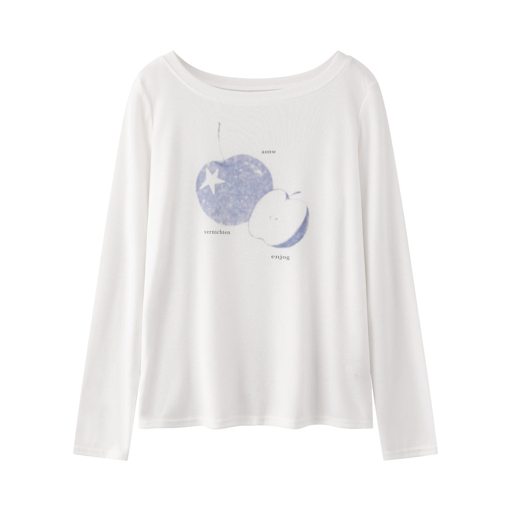 Literary Apple Print Crewneck Loose Soft Style Versatile Long Sleeve Sweatshirt