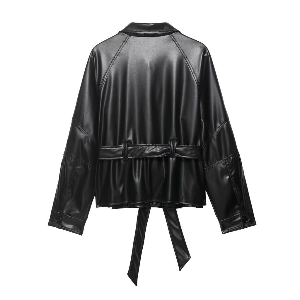Belt short PU leather stand up collar jacket top