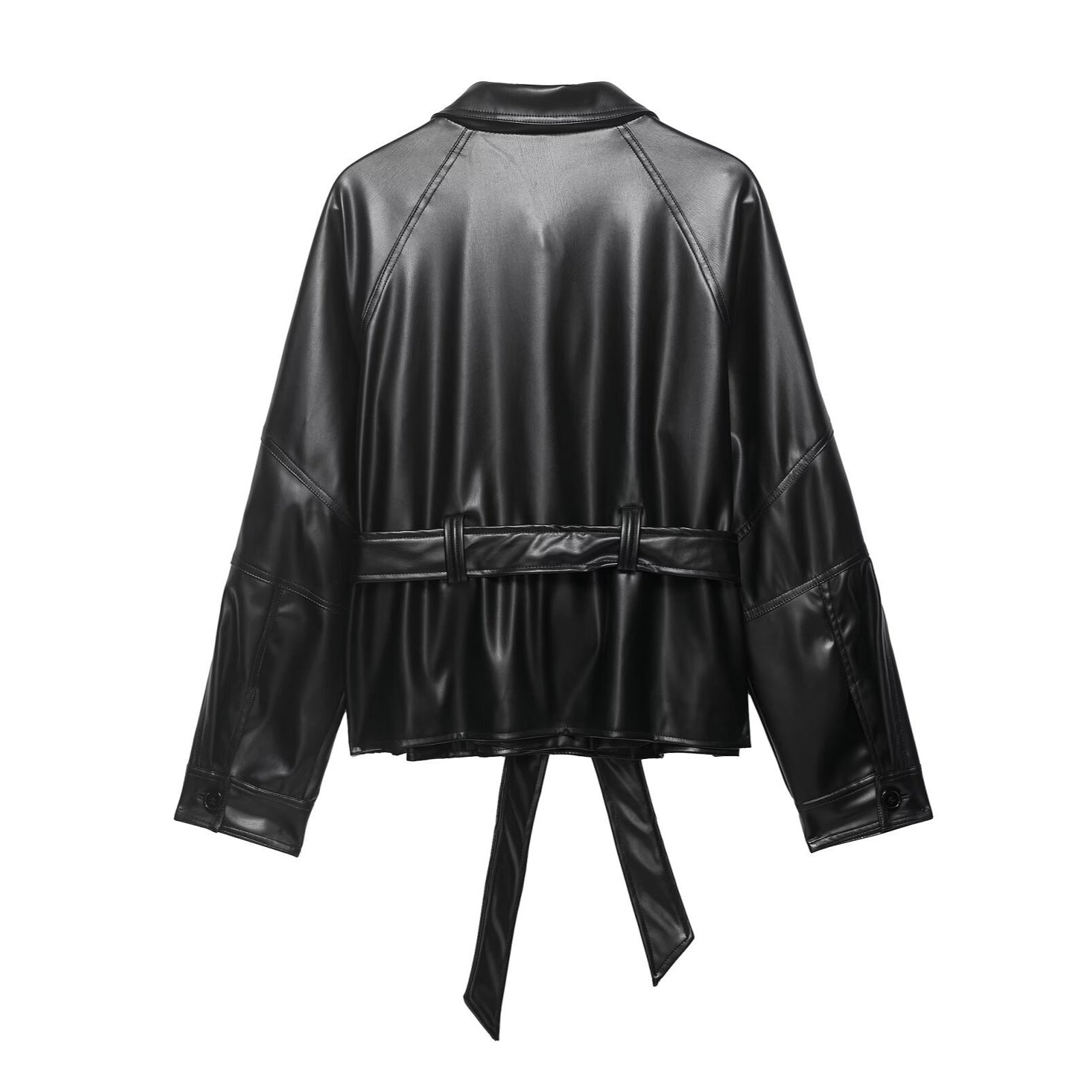 Belt short PU leather stand up collar jacket top