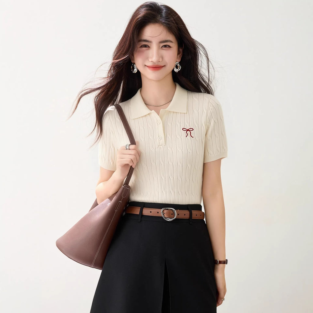 Polo Collar Knitted Short Sleeve Women's Summer Butterfly Knot Embroidery Design T-Shirt Top