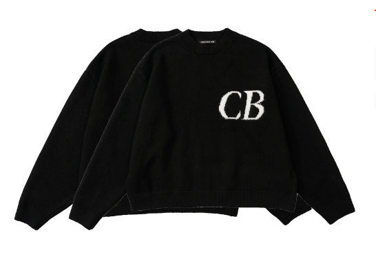 Casual Loose Basic Knit Sweater with CB Letter Crew Neck for Men and Women