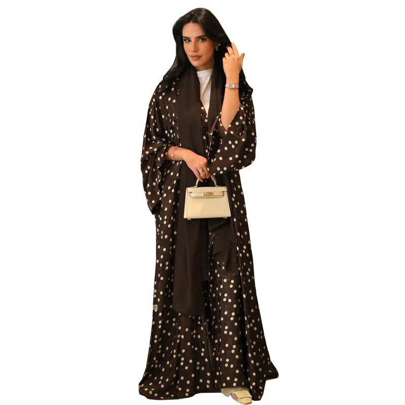Long Coat with Polka Dot Print Open Front Dress with Scarf Plus Size