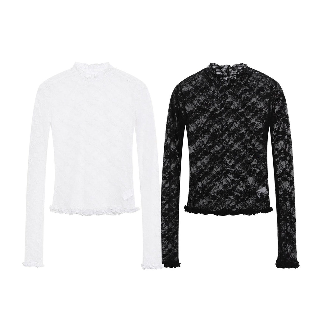 Neck Ruffled Lace Top for Women, Slim Fit Long Sleeve Mesh Inner Layer with Lace Trim