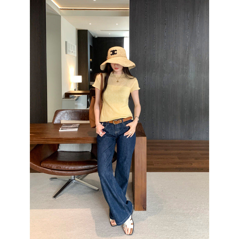 Yellow patchwork regular shoulder short-sleeved wool knitted shirt