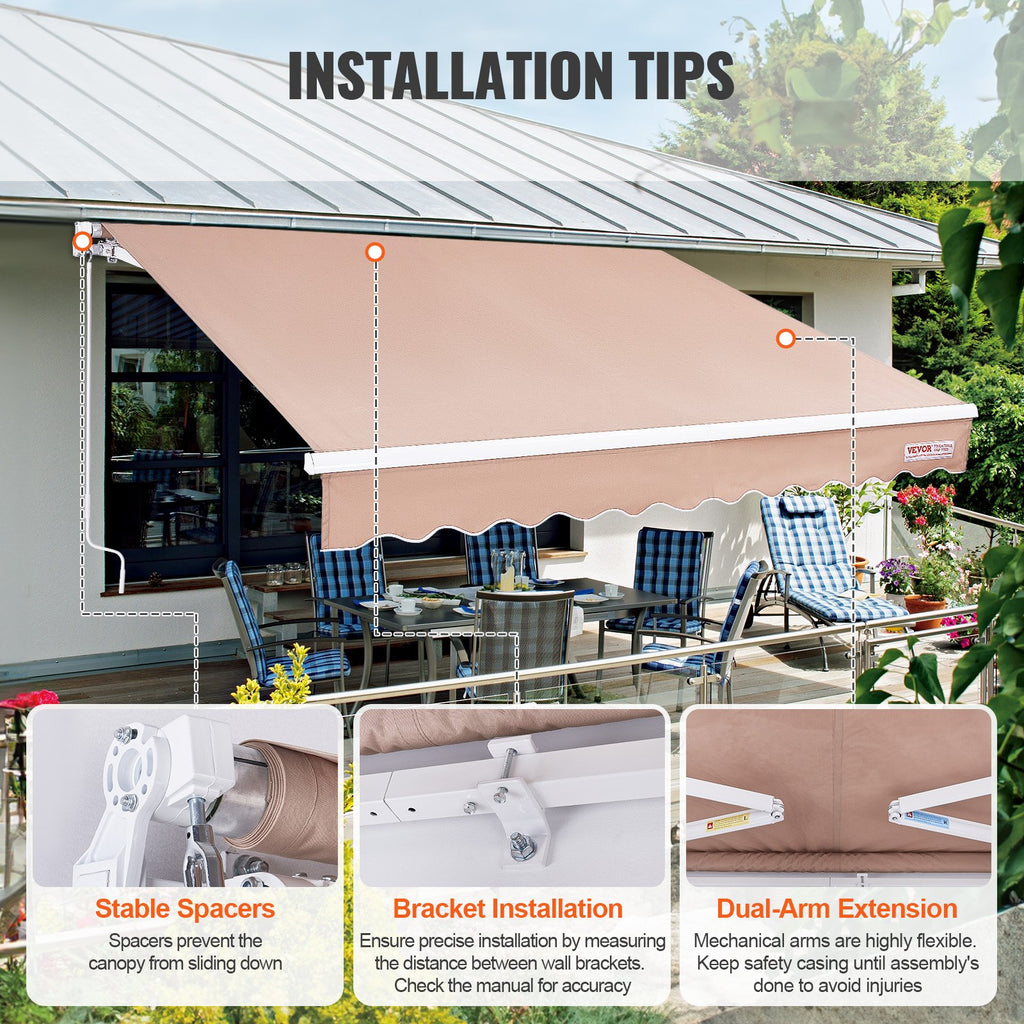 Manual Retractable Patio Awning 12 x 10 ft, Water-Resistant
