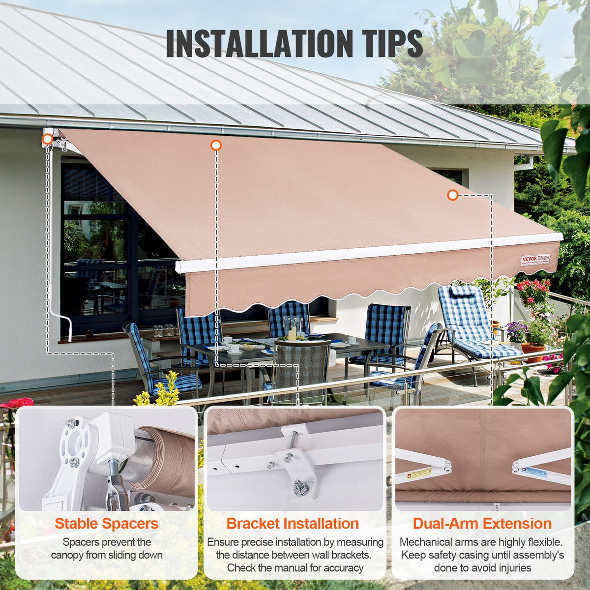Manual Retractable Patio Awning 12 x 10 ft, Water-Resistant