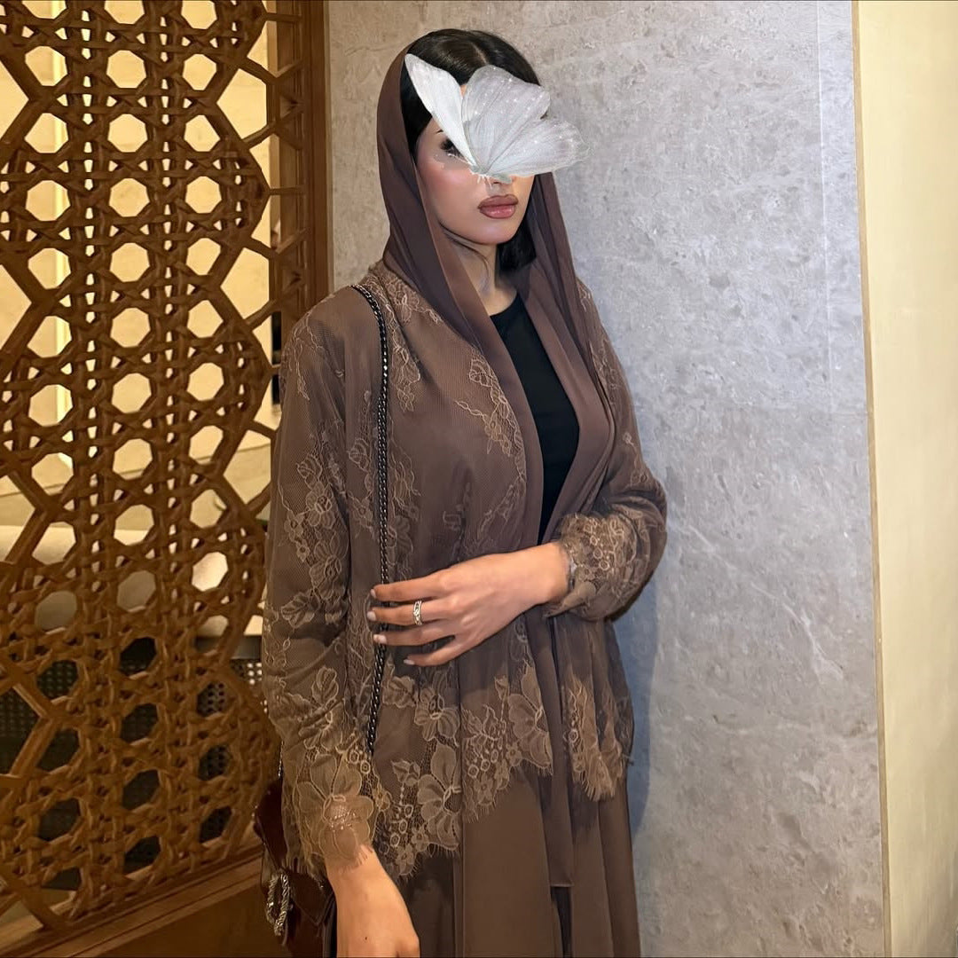 Women's Cardigan with Elegant Lace Panel Long Dress Coat