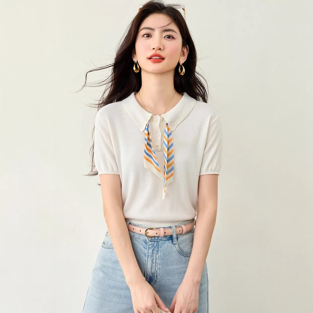 Chic Knit Sleeveless Polo Neck T-Shirt with Scarf for Women, Summer Casual Loose Fit Top, Small Chic Style