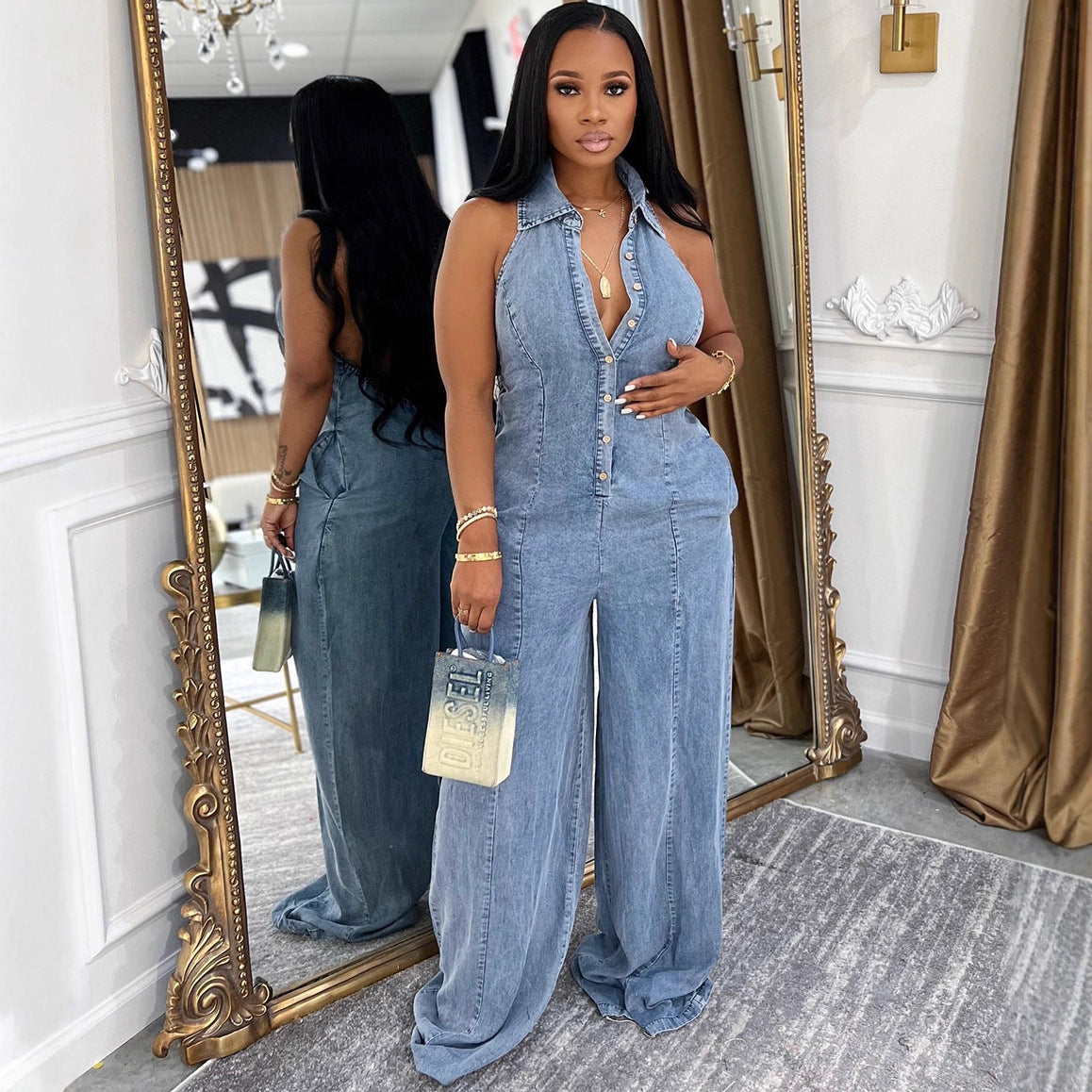 Women's Western Style Denim Jumpsuit with Turn-Down Collar, Halter Neckline, Single Button Closure, Autumn Winter Fashion Jumpsuit