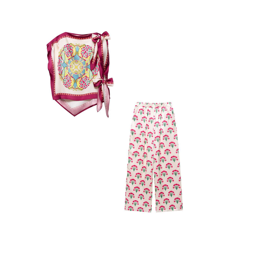 Printed knotted vest top+printed high waisted wide leg pants set