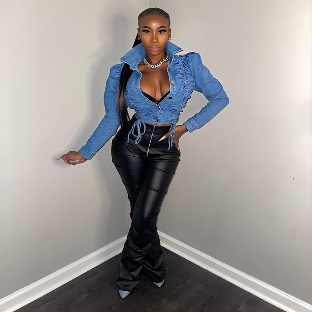 Women's Street Chic Drawstring Single-breasted Long Sleeve Denim Jacket Top