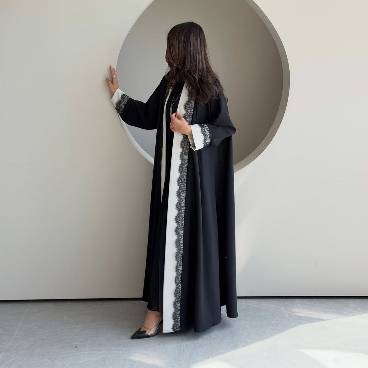 Long Dress with Lace Trim and Black  White Panel Design, Elegant Outerwear for Women