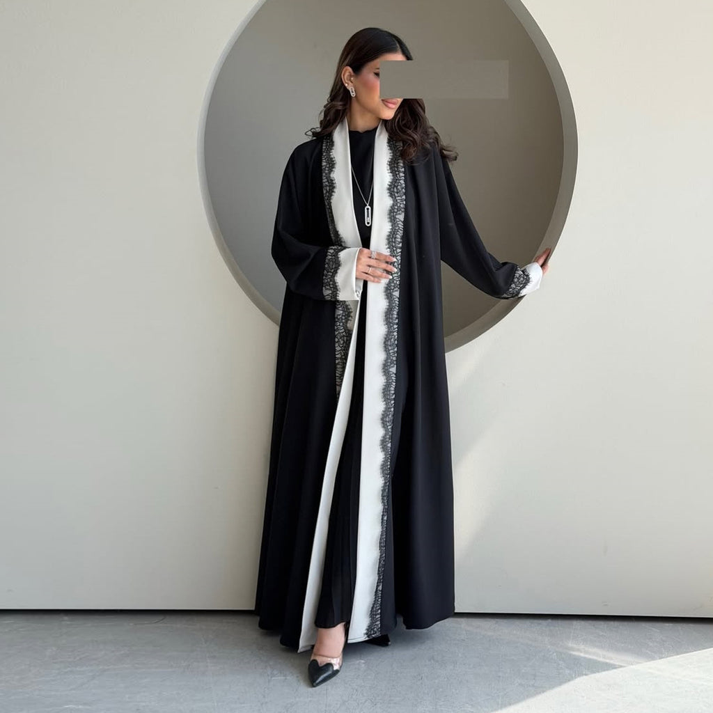 Long Dress with Lace Trim and Black  White Panel Design, Elegant Outerwear for Women