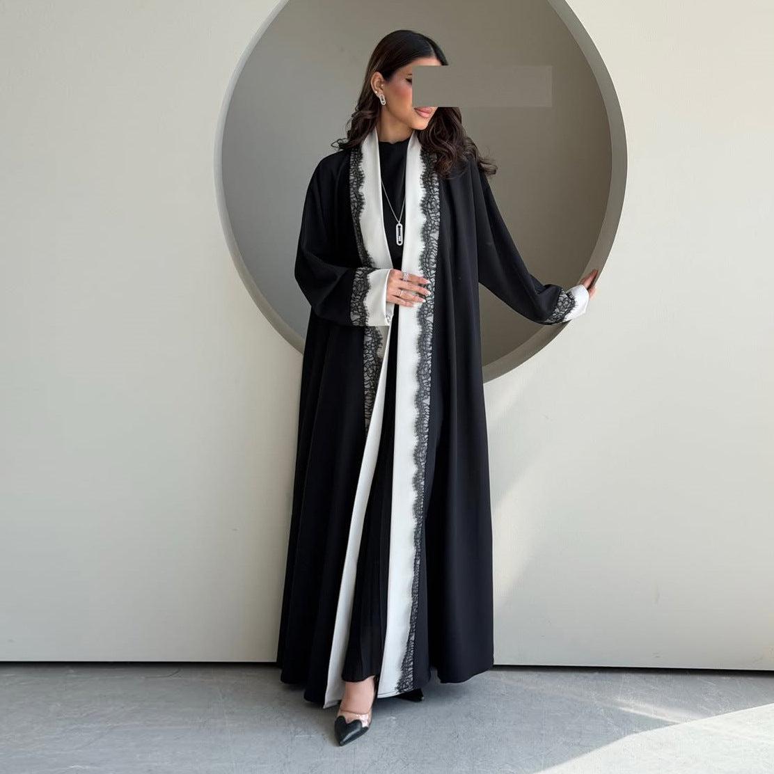 Long Dress with Lace Trim and Black  White Panel Design, Elegant Outerwear for Women
