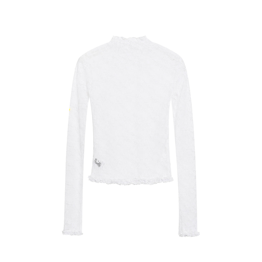 Neck Ruffled Lace Top for Women, Slim Fit Long Sleeve Mesh Inner Layer with Lace Trim
