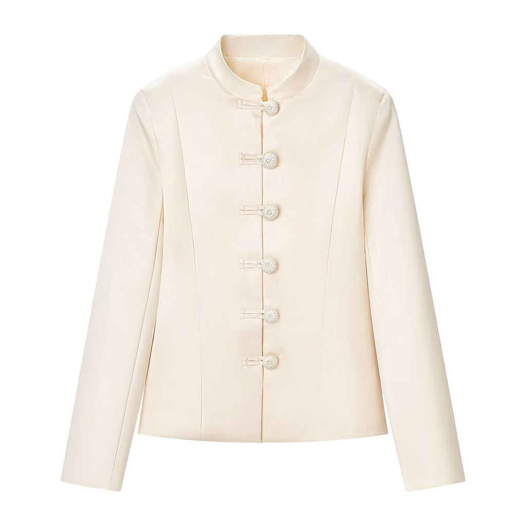 Elegant satin waistband buckle embellished jacket