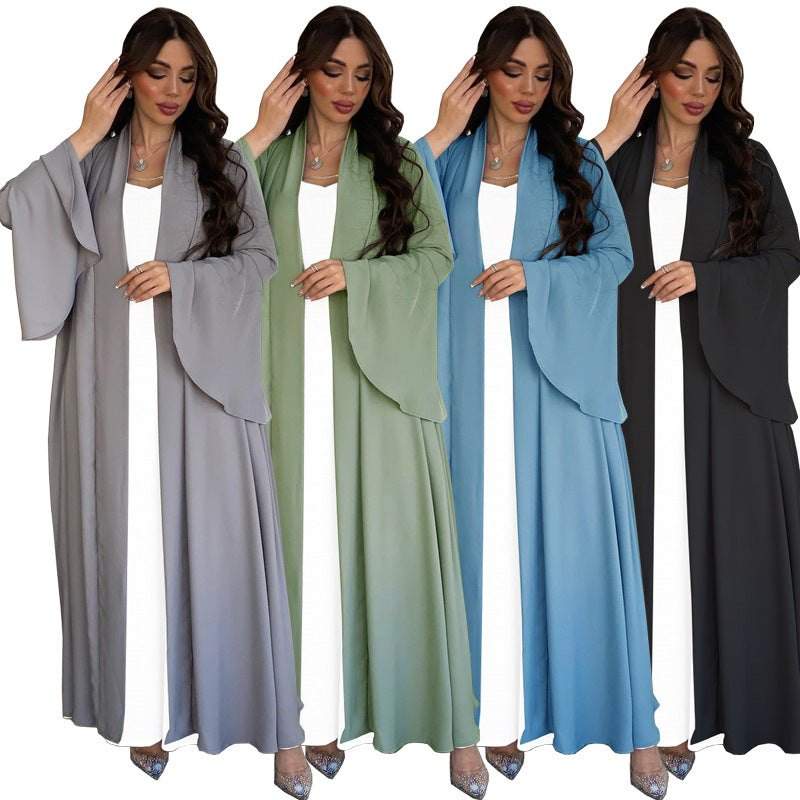 Modest Dress with Ruffle Sleeve Solid Color Shawl Outerwear Elegant Dress