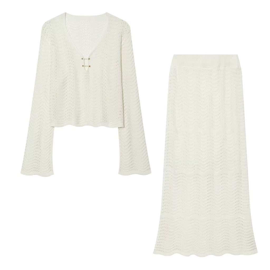 Long Sleeve Knit Hollow Out Top with Bodycon Skirt Set , Lace Trim Sun Protection Cardigan Long Dress