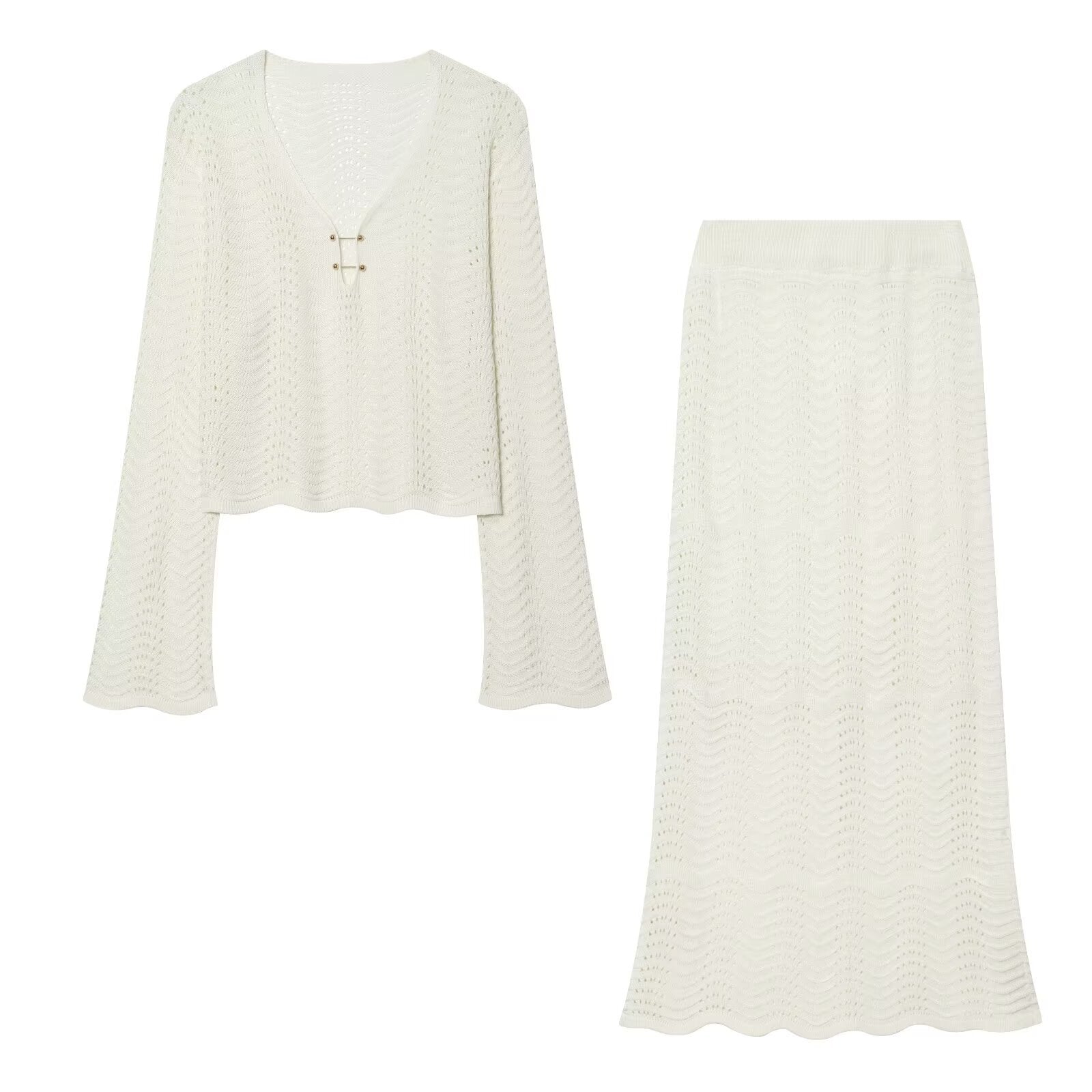 Long Sleeve Knit Hollow Out Top with Bodycon Skirt Set , Lace Trim Sun Protection Cardigan Long Dress