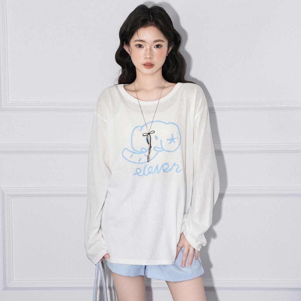 Elephant Embroidery Lightweight Sun Protection Long Sleeve T-Shirt Women Loose Round Neck Top