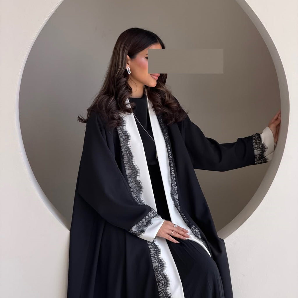 Long Dress with Lace Trim and Black  White Panel Design, Elegant Outerwear for Women