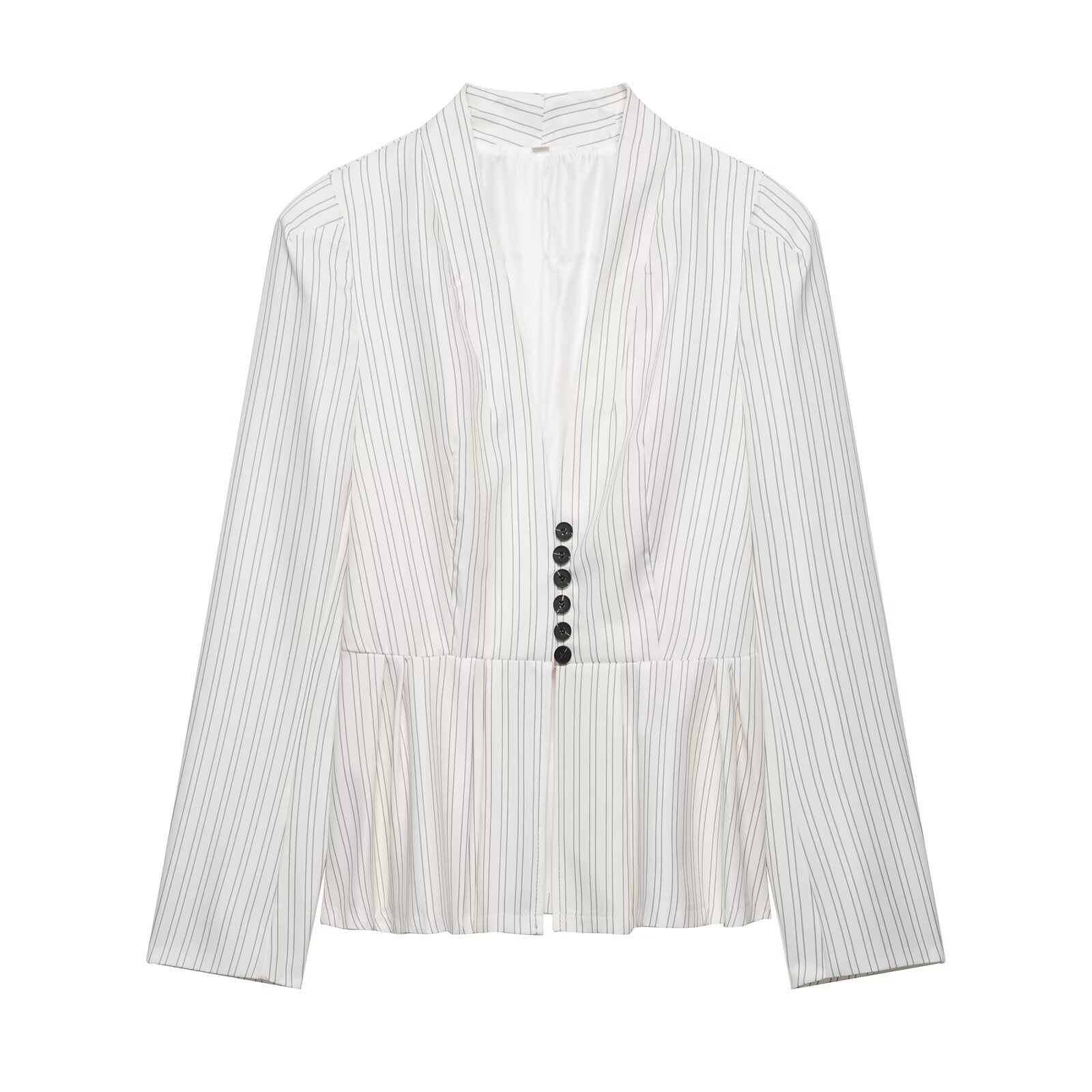 Shoulder padded long sleeved striped short skirt hem suit jacket