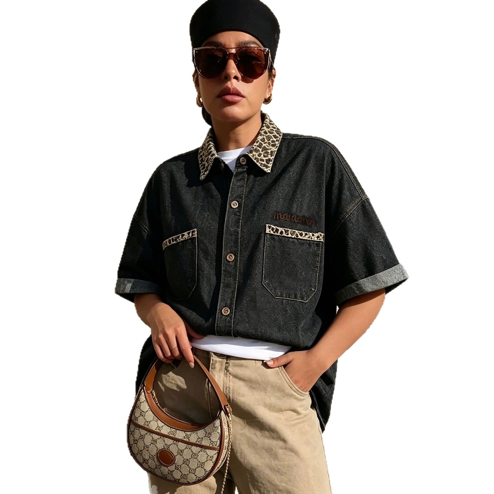 Leopard Print Patchwork Washed Denim Shirt with Half Sleeves