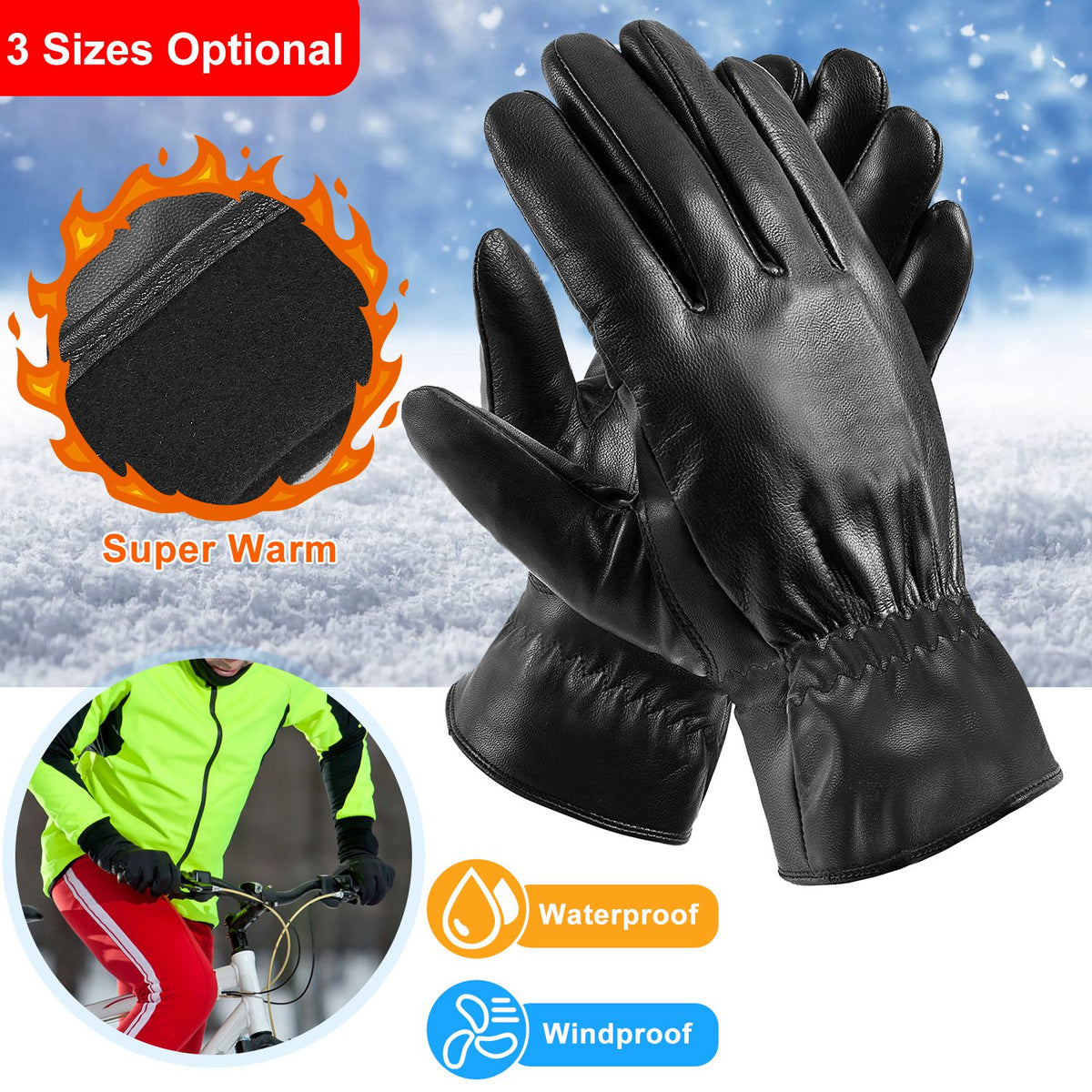 Unisex black PU leather windproof winter gloves, sizes M to XL