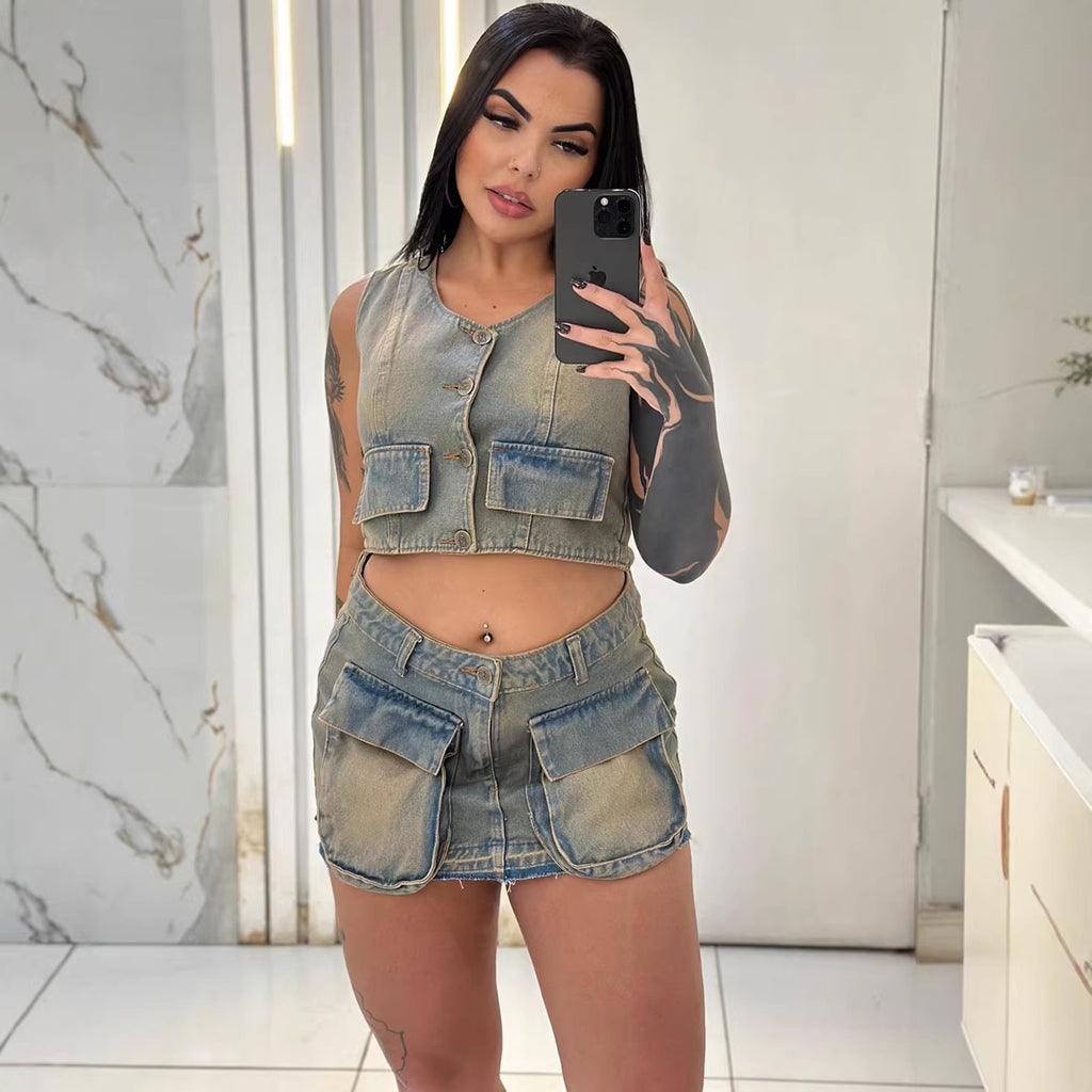 Women's Denim Dress Set, Short Sleeveless Vest with Raw Hem Pockets and Mini Skirt