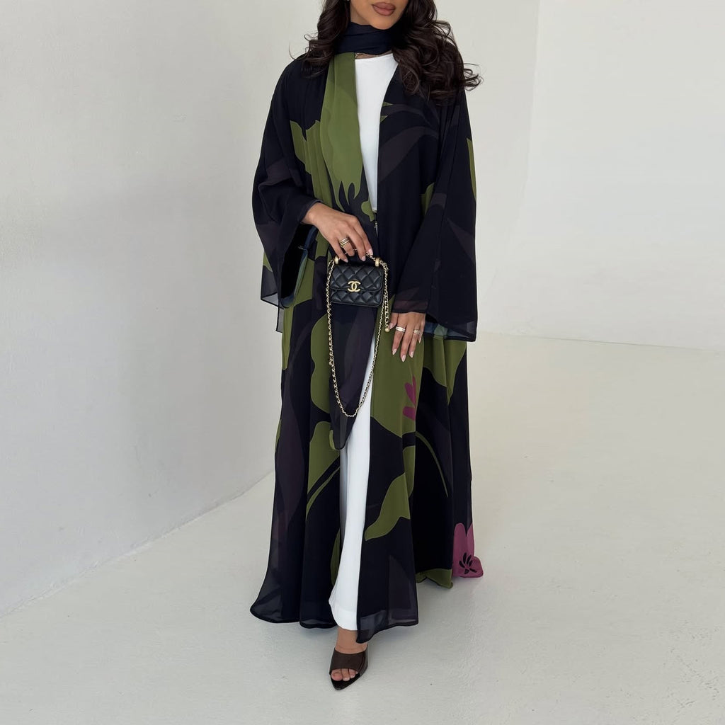 Chiffon Printed Maxi Dress with Headscarf Two-Piece Set