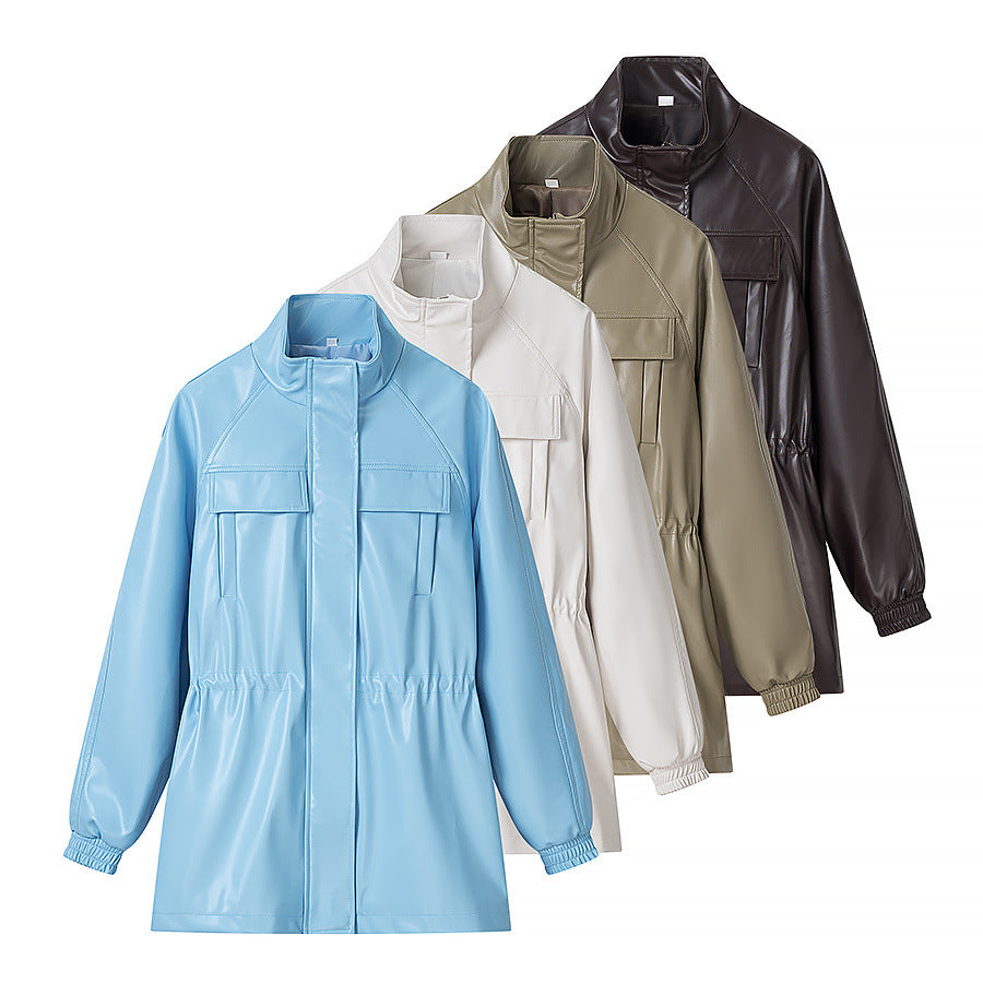 Stand collar drawstring waist cinching leather jacket