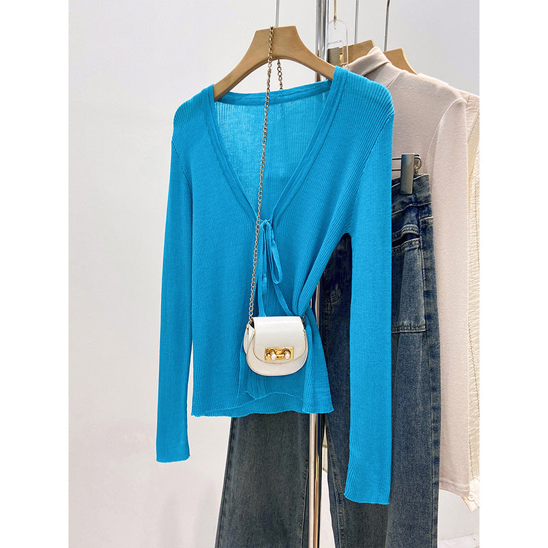 Lightweight Tie-Neck V-Neck Knit Cardigan for Women