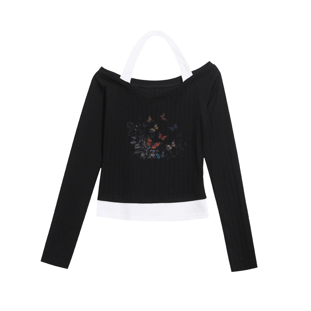 Print Halter Neck Long Sleeve T-Shirt with Off-Shoulder Design, Fitted Cropped Top