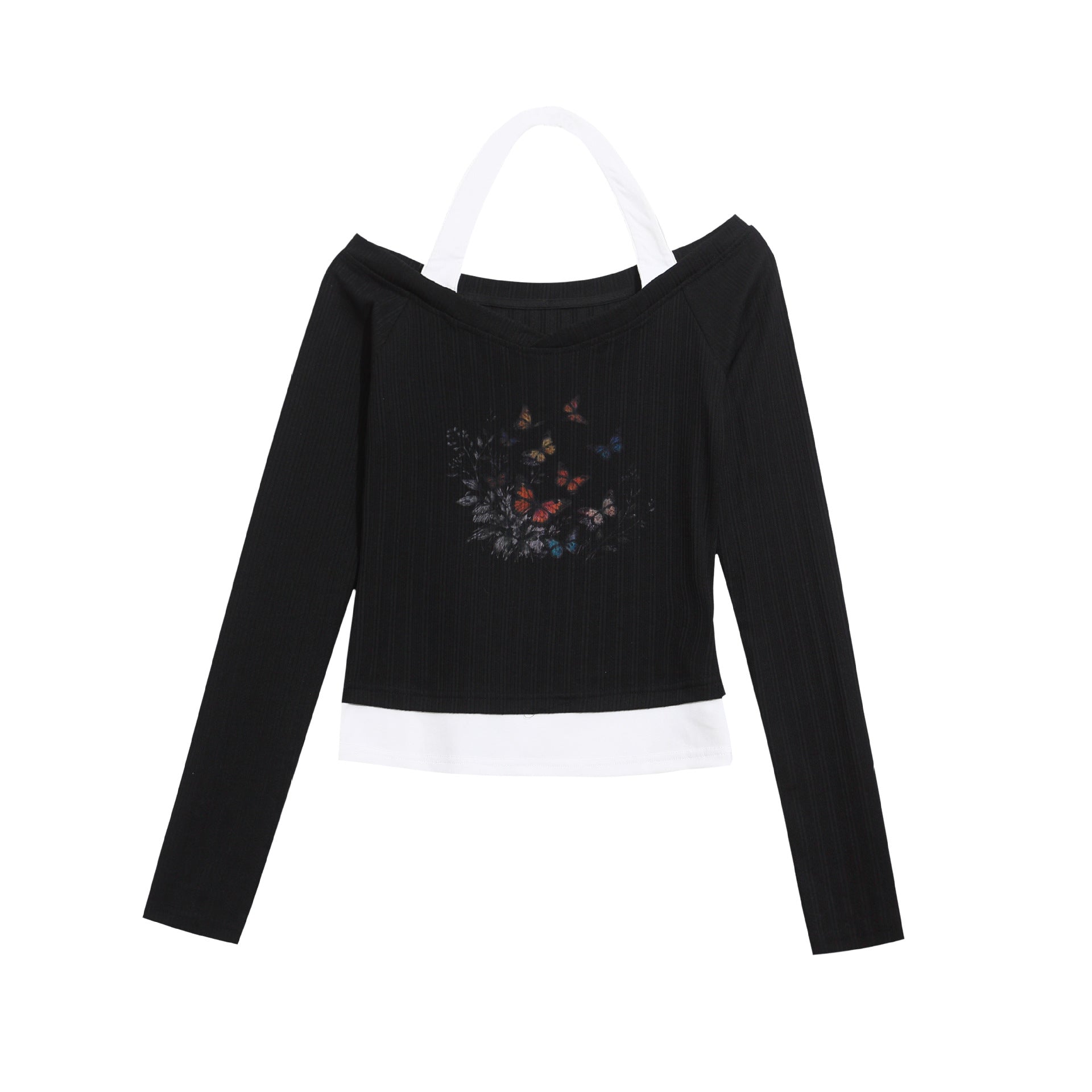 Print Halter Neck Long Sleeve T-Shirt with Off-Shoulder Design, Fitted Cropped Top