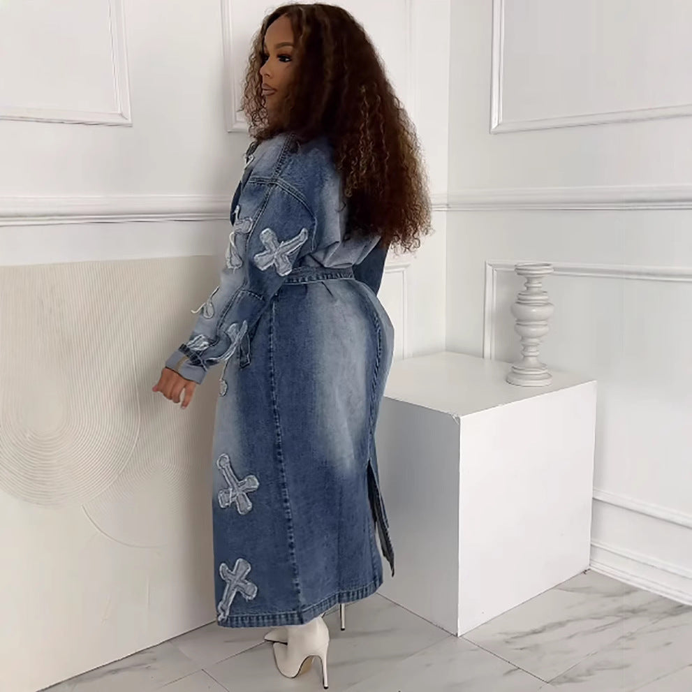 Women's Denim Jacket Autumn Winter Street Fashion Cross Embroidery Long Trench Coat