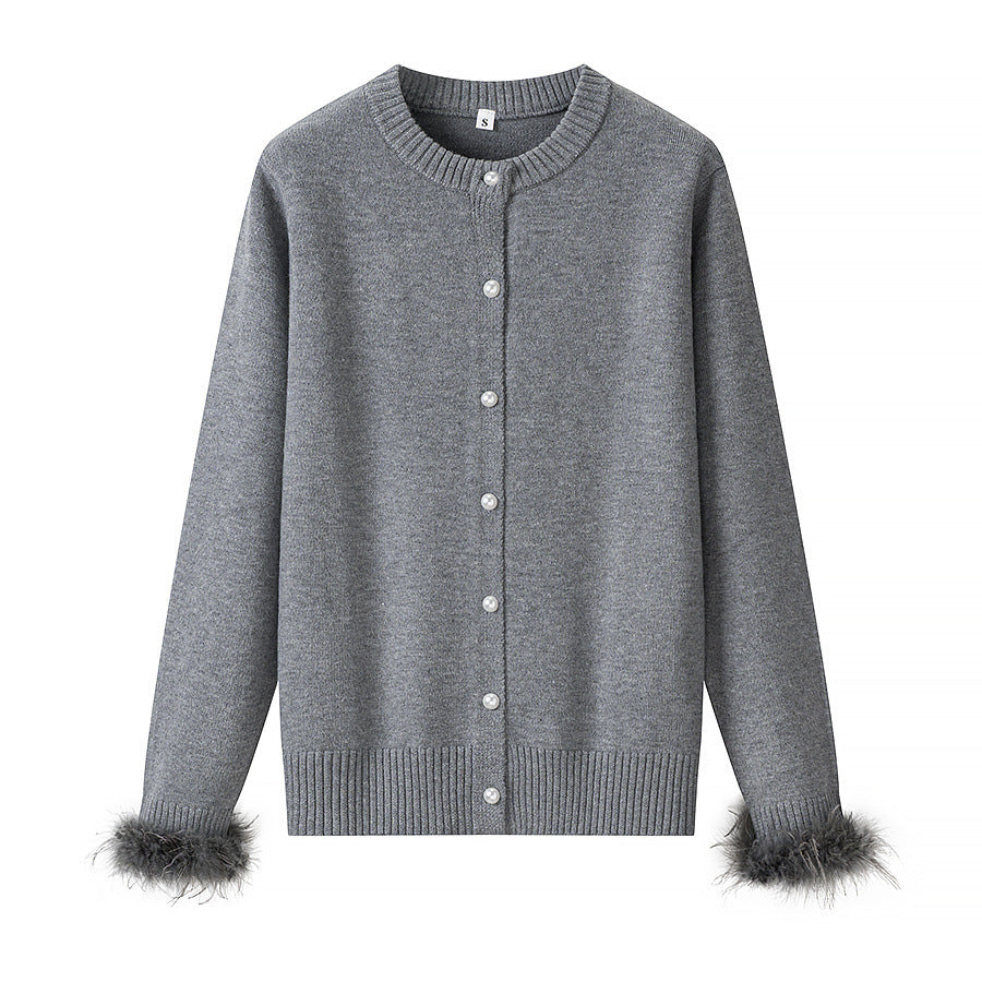 Feather decorated round neck loose knit cardigan