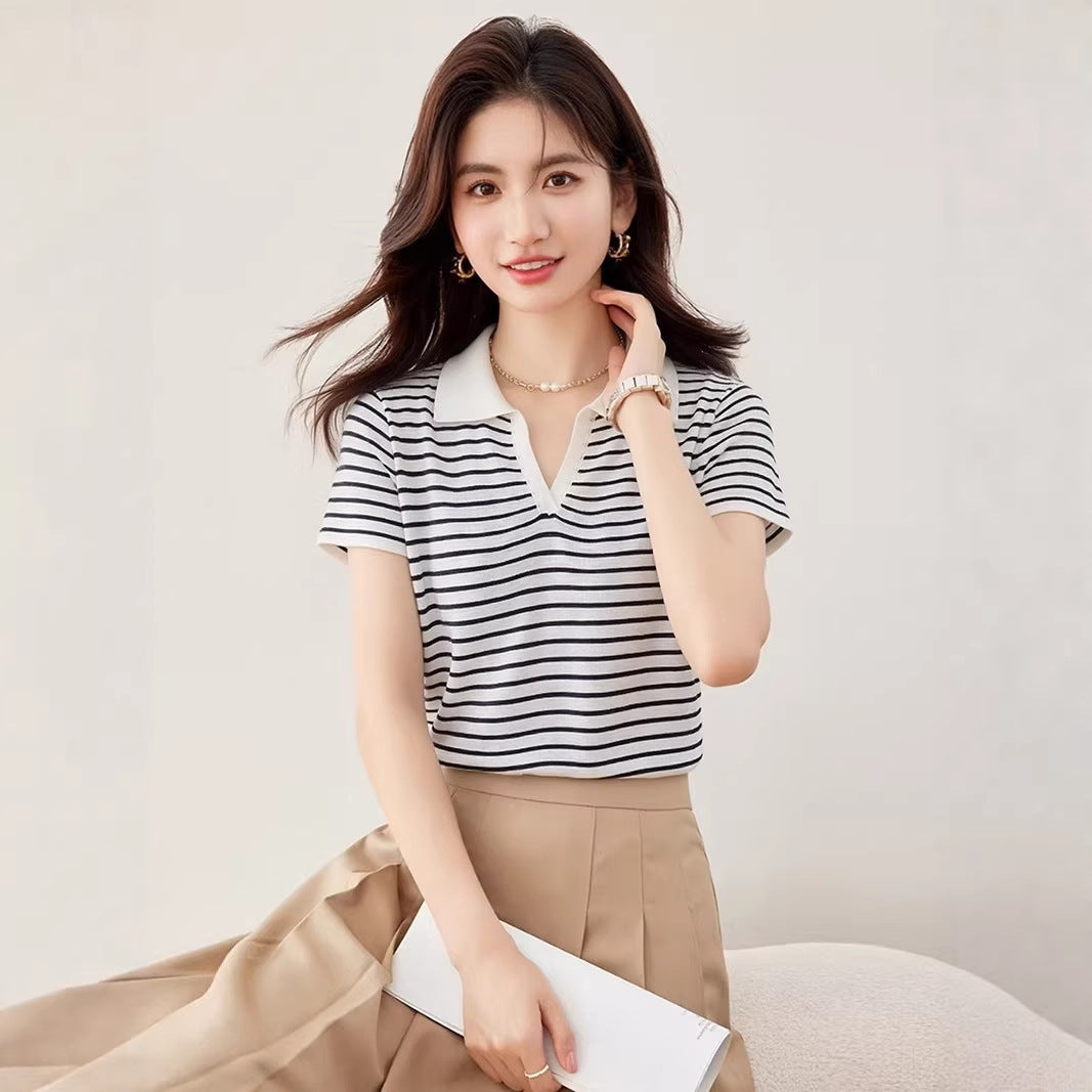 Elegant Turn-Down Collar Short Sleeve T-Shirt for Women Plus Size Polo Neck Versatile Casual Top, Slimming Fit