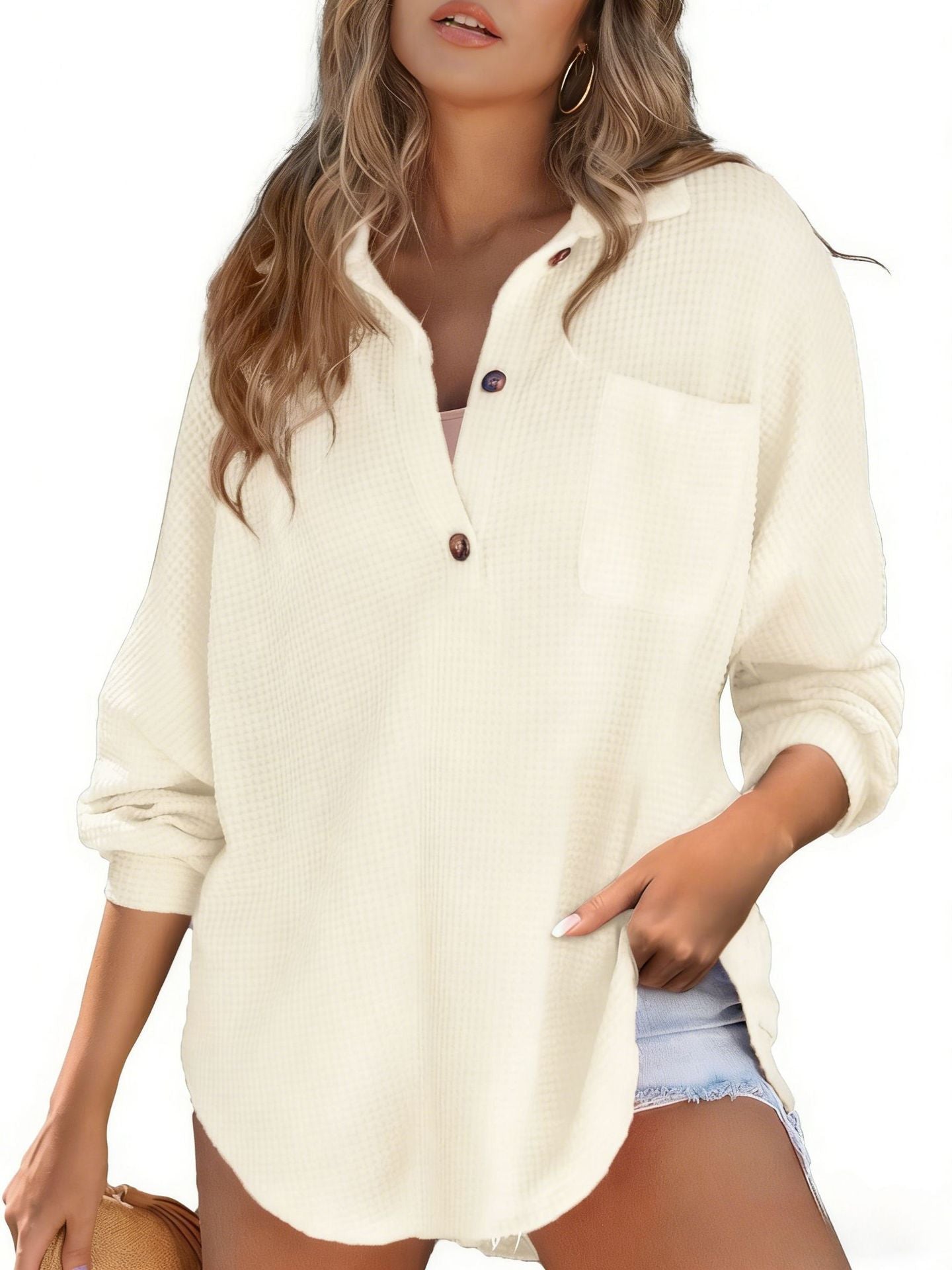 women's waffle knit top with cinched waist