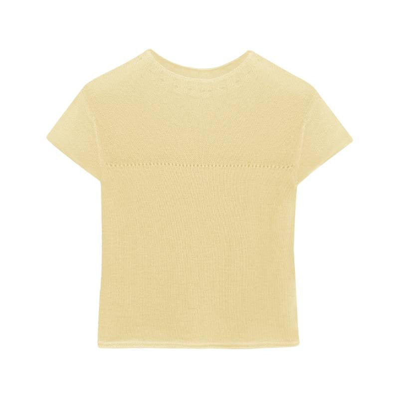 Yellow patchwork regular shoulder short-sleeved wool knitted shirt