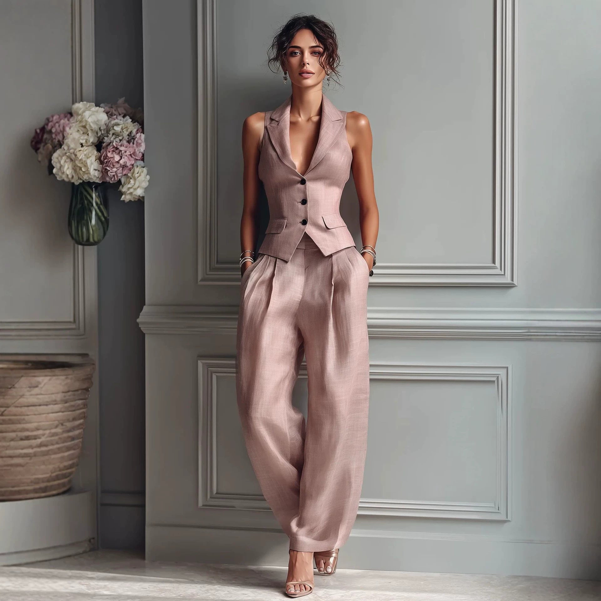 Flip collar single breasted vest long pants two-piece set