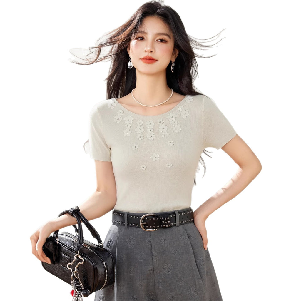 Elegant Style Round Neck Beaded Short Sleeve Knit T-Shirt Women Chic Youthful Slim Fit Top