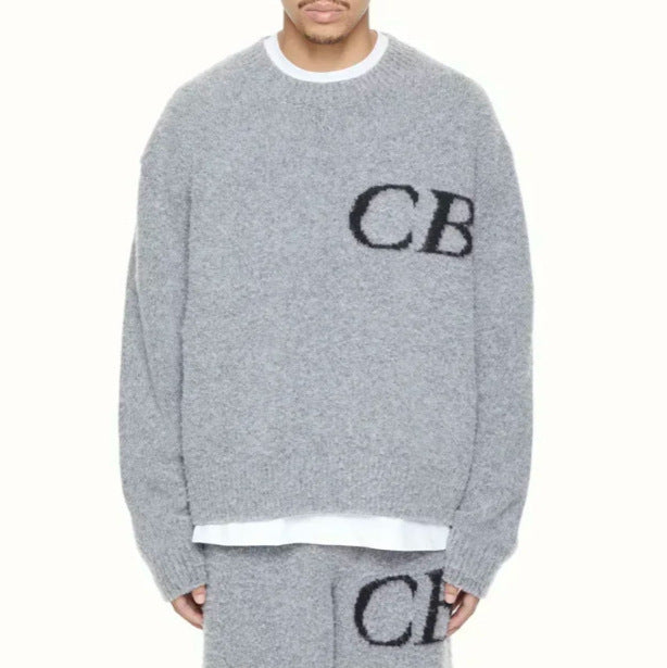 Casual Loose Basic Knit Sweater with CB Letter Crew Neck for Men and Women