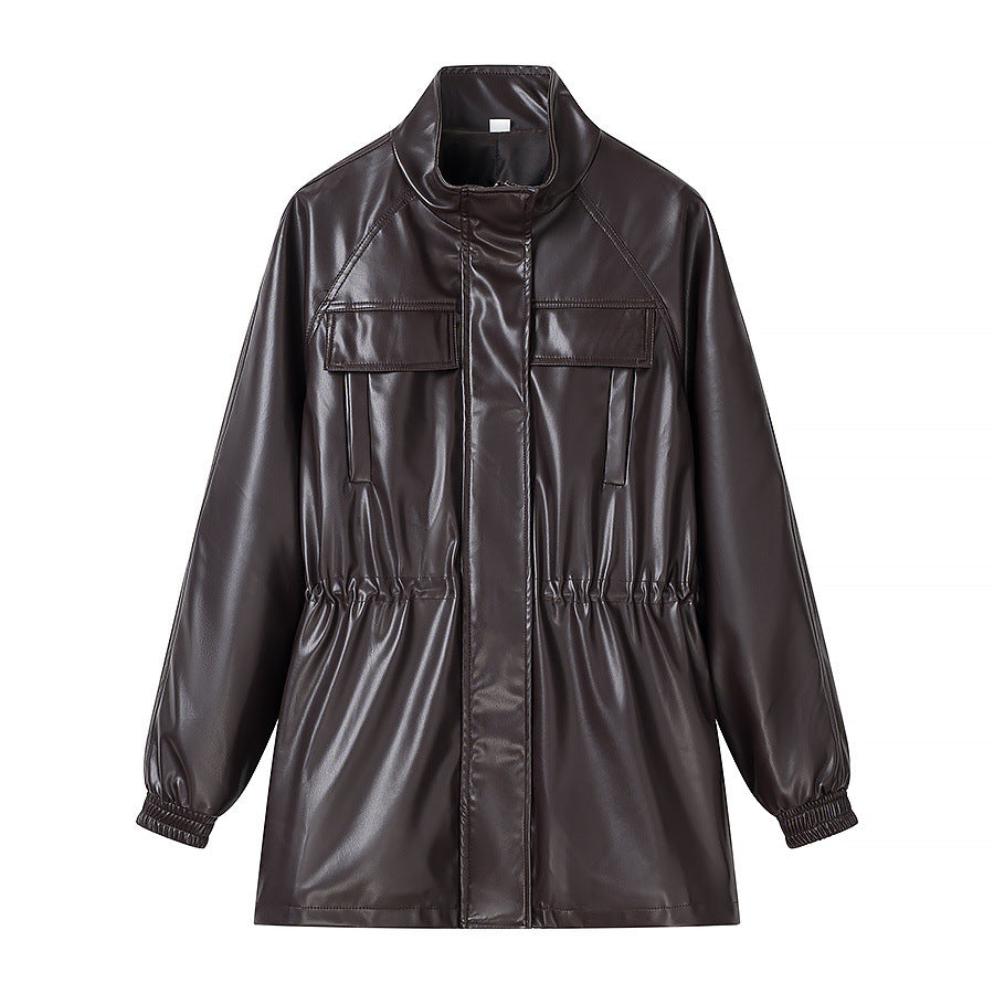 Stand collar drawstring waist cinching leather jacket